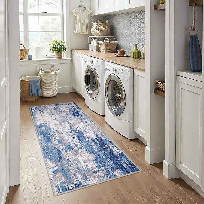 RELEANY Washable Runner 3'x6' Abstract Area Rug for Hallway Blue Gray | Carpet for Kitchen, Entryway, Bathroom, Living Room, Bedroom, Printed Pattern, Non‑Slip, Soft, Stain‑Resistant, Easy to Clean