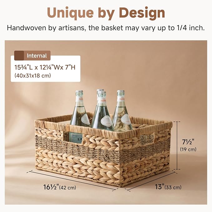 StorageWorks Jumbo Rectangular Wicker Basket, Water Hyacinth and Seagrass Storage Basket with Built-in Handles, 1 Pack | Woven Storage Baskets Water Hyacinth Seagrass, Large Seagrass Basket, Wicker Storage Baskets for Shelves, Woven Baskets