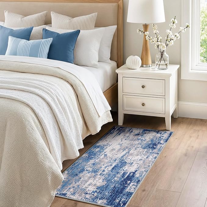 RELEANY Washable 2'x4' Abstract Area Rug for Living Room Blue Gray | Carpet for Bedroom, Kitchen, Office, Hallway and Entryway, Printed Pattern, Non‑Slip, Soft, Stain‑Resistant, Easy to Clean