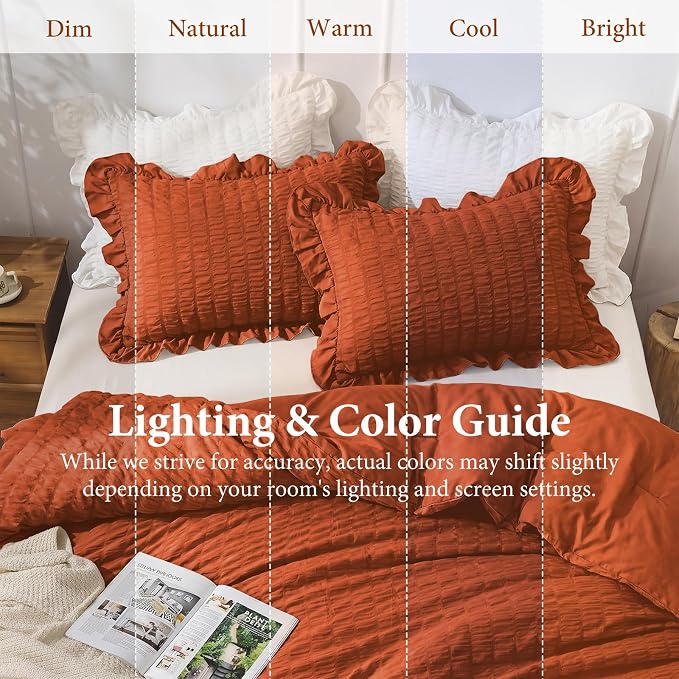 JOLLYVOGUE Burnt Orange Comforter Full Size, 3 Pieces Seersucker Lightweight Full Size Bedding, All Season Fluffy Microfiber Bedding Comforter Set with 1 Ruffle Comforter and 2 Ruffle Pillowshams