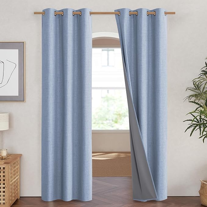 NICETOWN Stone Blue Vintage Linen 100% Blackout Curtains for Living Room, Thermal Insulated Curtains 84" Long, Noise Reducing Window Treatment Drapes for Hall Room, 42" Wide Per Panel, Set of 2