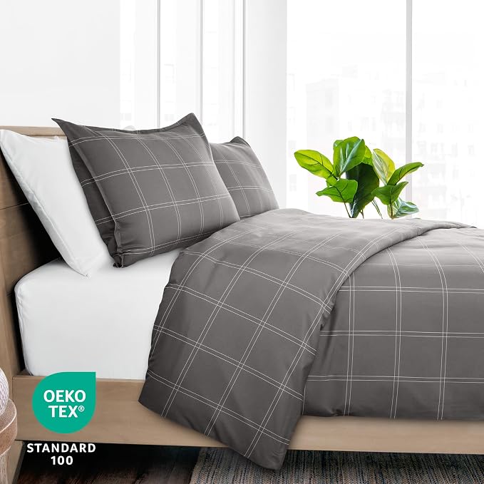Bare Home Duvet Cover Set (Oversized Queen, Modern Plaid - Grey/White) | 1800 Ultra-Soft, Lightweight, Cooling, Breathable, Premium, All-Season