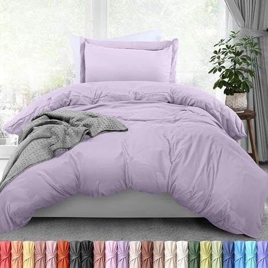 Duvet Cover Twin, 3 PC Cotton Like Polyester, Zipper Closure, Lavender | Extra Soft and Breathable, Wrinkle & Fade Resistant, Includes Duvet Cover and 1 Pillow Sham, Comforter Not Included, OekoTex