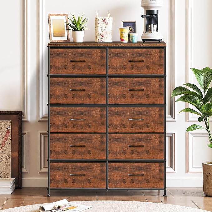 10-Drawer Dresser for Bedroom, Anti-Tip Tall Storage Organizer | Chest of Drawers with Wooden Top and Metal Frame Fabric Bins for Closet, Living Room, Hallway, Entryway, Brown