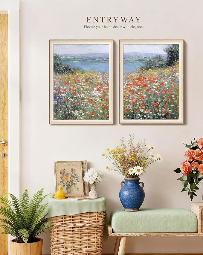 VIYYIEA Framed Coastal Wildflower Large Wall Art Set of 2, Impressionist Poppies Landscape Canvas Painting, Vintage Nature Scenic Wall Decor for Living Room Bedroom Office, 16x20 Inch