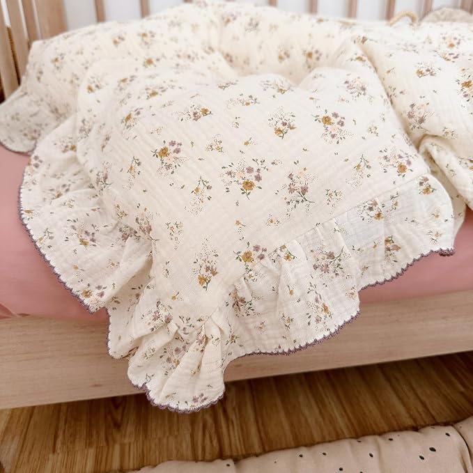 Beige Kids Toddler Baby Duvet Cover Girls Muslin Duvet Covers Floral Nursery Quilt Cover Gauze Bedding Coverlet, 47"x59", Crapemyrtle Print (No Pillowcases)