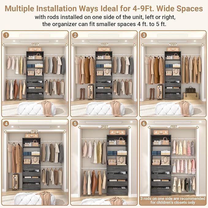 Aheaplus Closet System,4-9Ft Closet Organizer with 4 Wood Drawers,Black Oak | Wood Closet Organizer System with Tower, Walk-in Closet Organizer Wardrobe Clothes Rack with 4 Hanging Rods, Garment Rack