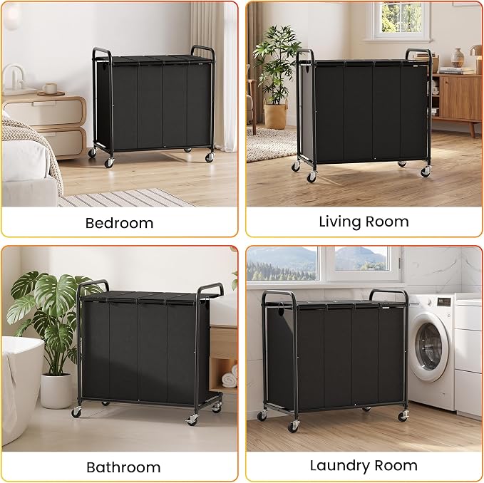Laundry Sorter 4 Sections 48 Gal, Rolling Laundry Basket with Wheels ＆ Lid | Laundry Hamper, 4 Separated Removable Bags, Lockable Wheels, Dirty Clothes Hamper for Laundry Room Organizer, Black