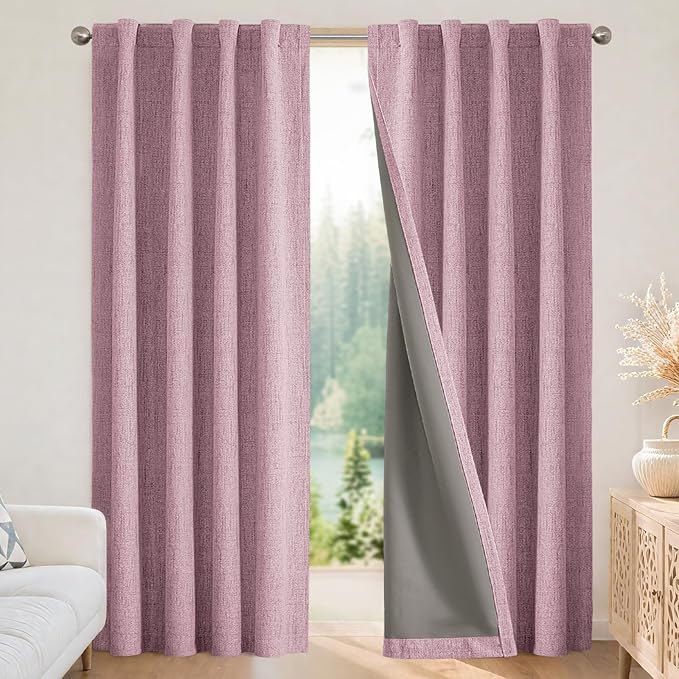 Joydeco Linen Blackout Curtains for Bedroom - 100% Light Blocking 1 Panels, Pink Drapes 100" W x 84" L, Thermal Insulated Room Darkening Curtains for Living Room, Rod Pocket & Back Tabs