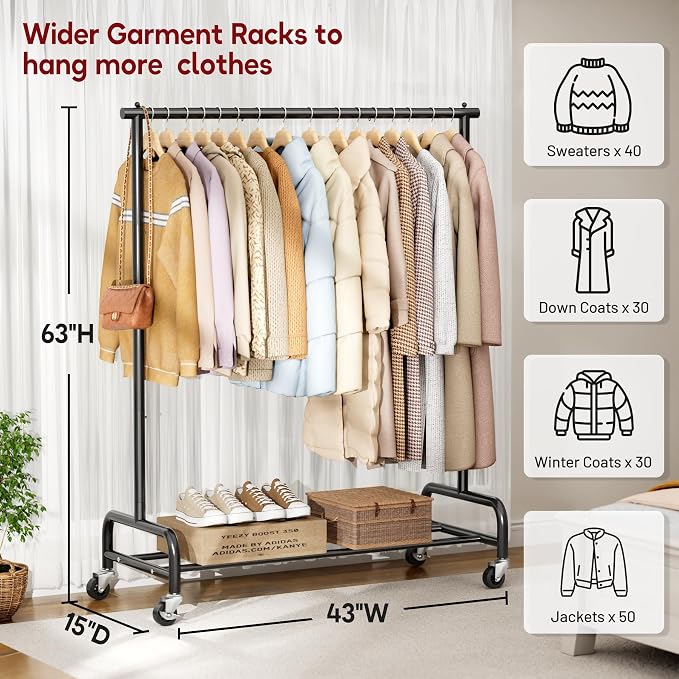 SLEEPING LAMB Heavy Duty Clothing Racks for Hanging Clothes Rack, 43" Wide Rolling Garment Rack Metal Clothing Hanger Rack with Wheels Wardrobe Rack for Coats, Shirts, Dress, (Black)