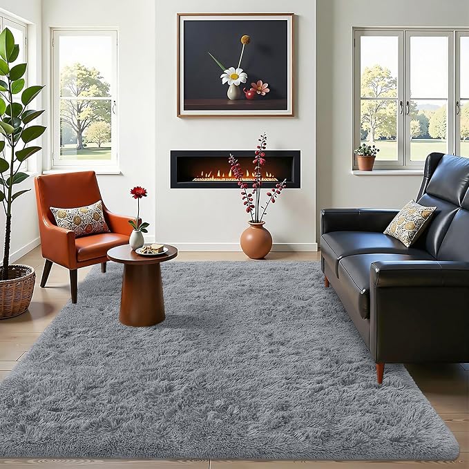 OLANLY Area Rugs for Living Room Bedroom, Machine Washable 4x5.9 ft Soft Fluffy Shaggy Bedside Rug, Indoor Floor Carpet for Kids Girls and Boys, Dorms, Nursery Rooms, Home Decor, Silver Grey
