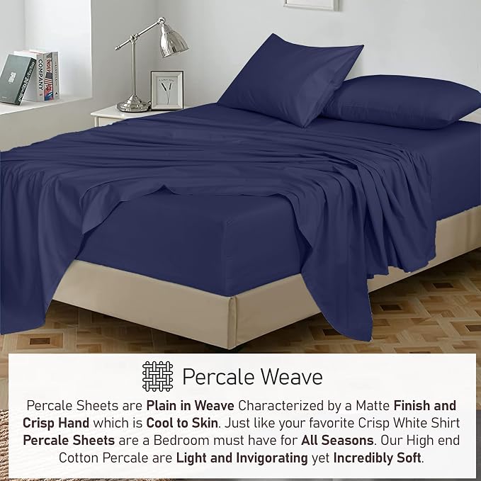 RUVANTI 100% Cotton Percale Sheets Twin Size, Crown Blue | Crisp Cooling for Hot Sleepers, Deep Pocket 16", Soft Breathable & Durable, Hotel-Style 3 Piece Set