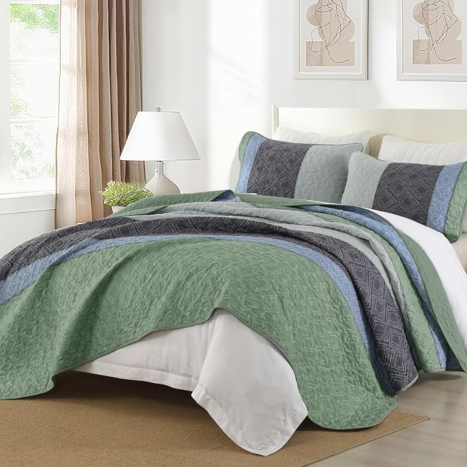 Cottolester Boho Full Quilt Set,Grey Green Striped Plaid Bedspread Coverlet | Lightweight Summer Coverlets Set with 2 PillowShams,All Seasons Microfiber Quilt Bedding Sets for Bedroom Guest Room 78"x90"