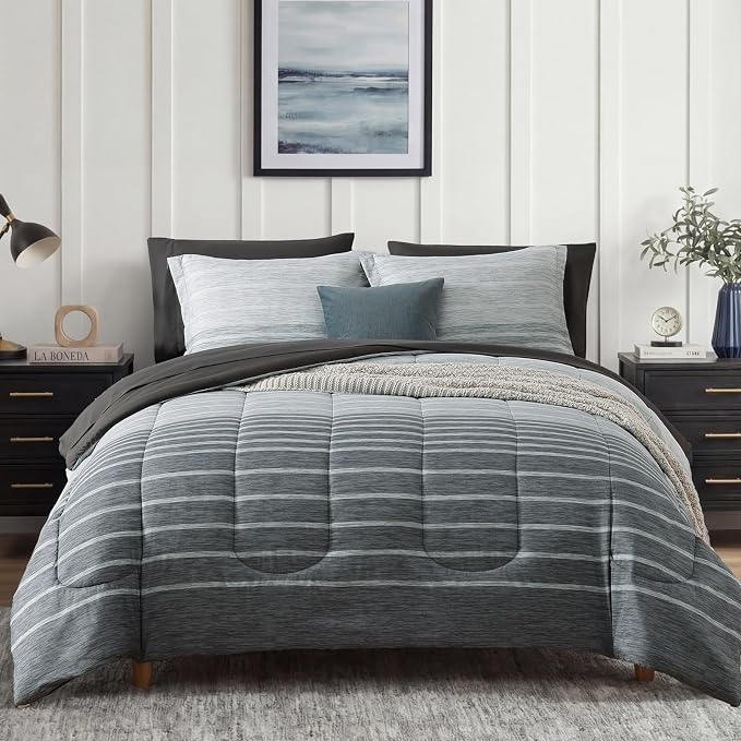 Monbix Full Size Comforter Sets - 7 Pieces Bed in a Bag Full Bedding Set | All Season Grey Striped Reversible Soft Comforter Bed Set with Sheets, Pillowcases & Shams