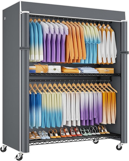 P8C Max Heavy Duty Clothes Rack（With Extended Width Design） Rolling Clothing Racks for Hanging Clothes with Lockable Wheels，51.2" W x 15.8" D x 80.5" H，Load 800LBS，Black Rack with Grey Cover