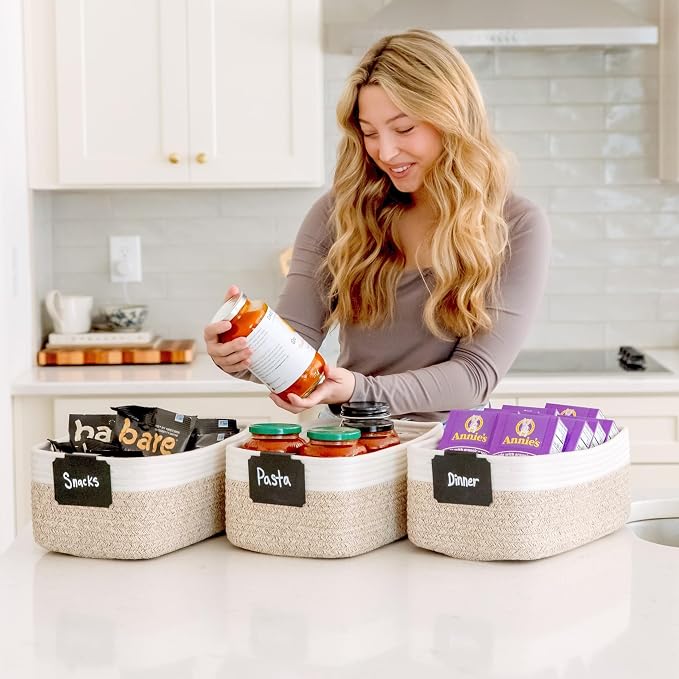 NaturalCozy 13.5”x8.5”x5.5” Storage Baskets for Shelves 3 Pack | Cotton Rope Woven Small Baskets for Organizing | Small Storage Bins for Nursery, Bathroom, Closet, Cube Shelf, Decorative, Gift