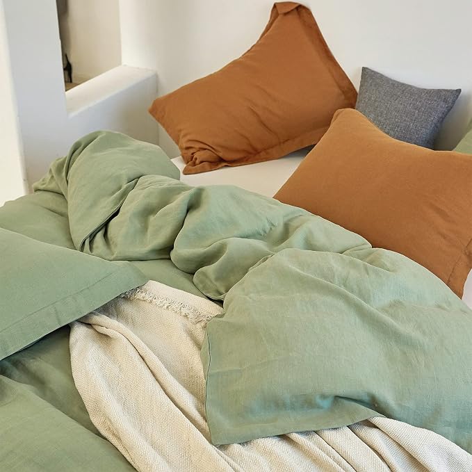 Simple&Opulence 100% Linen Duvet Cover Set 3pcs Basic Style Natural French Washed Flax Solid Color Soft Breathable Farmhouse Bedding with Button Closure - Sage Green, Queen
