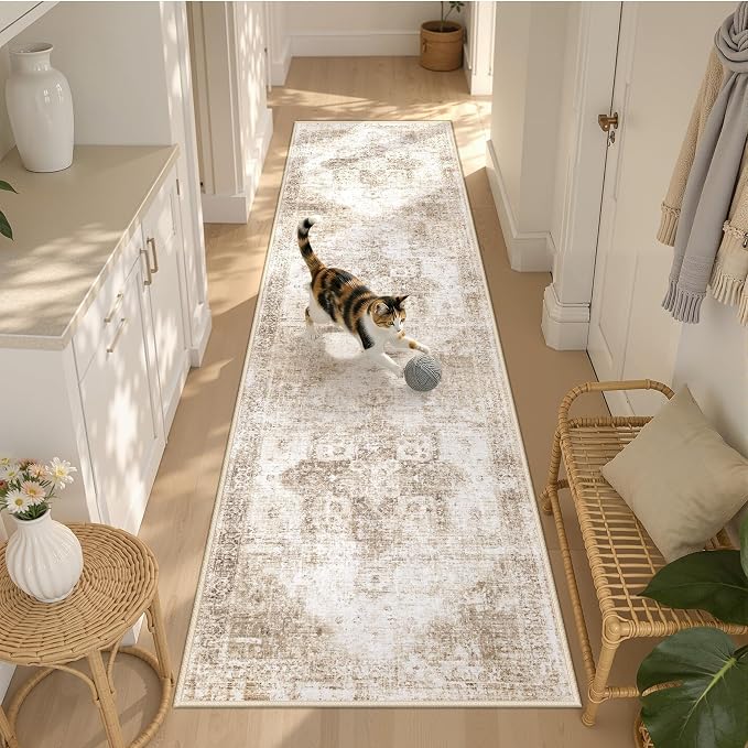 Runner Rug 2x8 Washable Rug, Vintage Boho Medallion Hallway Runner Non-Slip Soft Low Pile Distressed Floor Carpet Retro Doormat for Kitchen Bedroom Laundry Entryway Bathroom (Brown, 2'x8')
