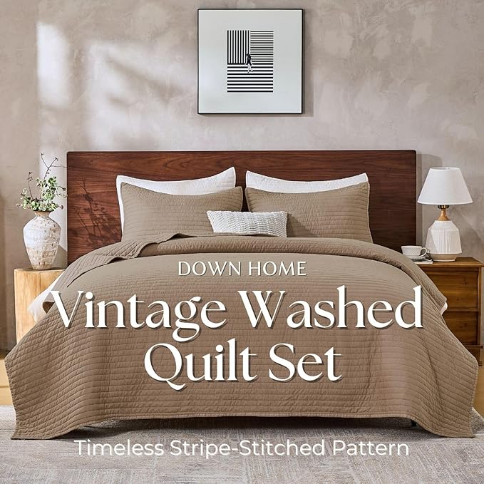DOWN HOME Twin Quilt Bedding Set with Sham, Vintage Washed Soft Quilted Blanket Thin Comforter Lightweight Bedspread Coverlet Bed Cover, Brushed Microfiber Stripe Stitching, Brown, 66"x92"