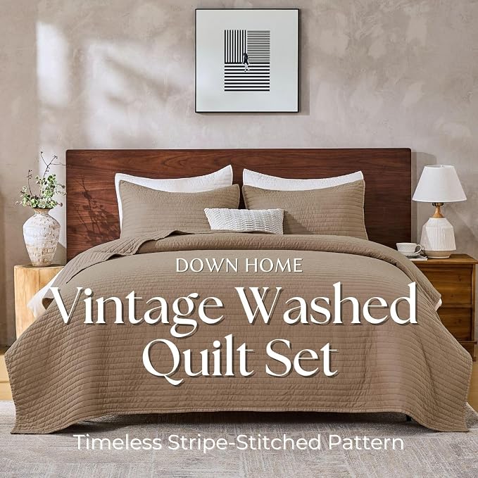 DOWN HOME King Quilt Bedding Set with Shams, Vintage Washed Soft Quilted Blanket Thin Comforter Lightweight Bedspread Coverlet Bed Cover, Brushed Microfiber Stripe Stitching, Brown, 104"x90"