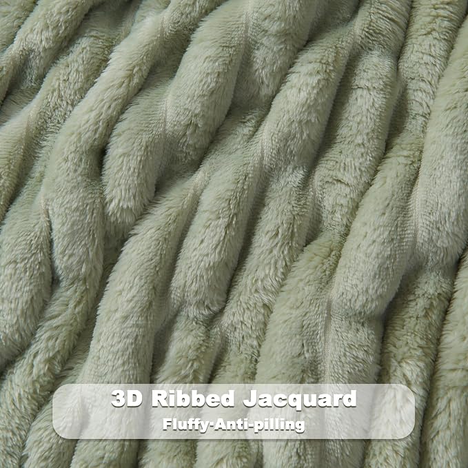 NEWCOSPLAY Fleece Ribbed Cozy Queen Blanket for Couch, Sage Green, 90"x90" | Premium Silky Flannel Blanket, Soft Lightweight Fluffy Throw Blanket for Bed Sofa Decor, Gift for All Season Use