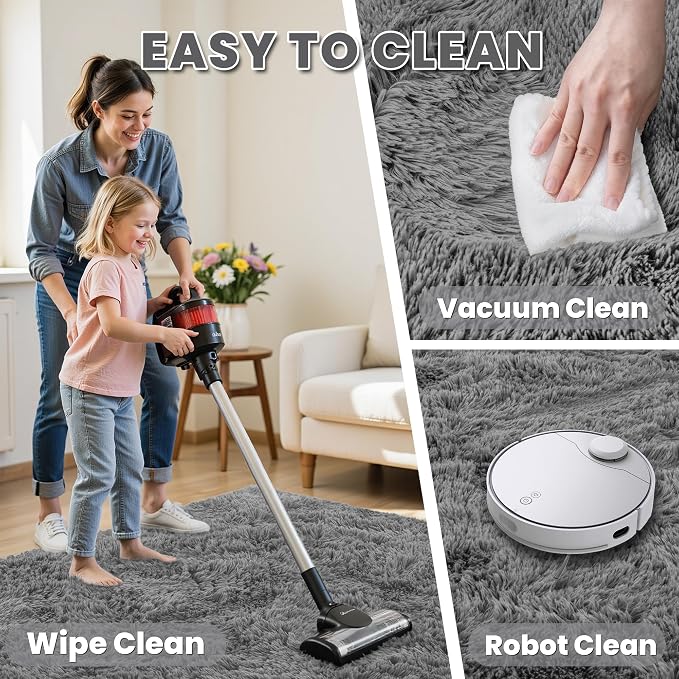 8x10 Fluffy Shag Area Rugs for Living Room Bedroom: Soft Carpet Light Gray | Upgraded Non-Slip Thick Memory Foam, Ultra Soft, Non-Shedding Fuzzy Carpet, Easy Clean Decor for Kids Room, Nursery, Playroom