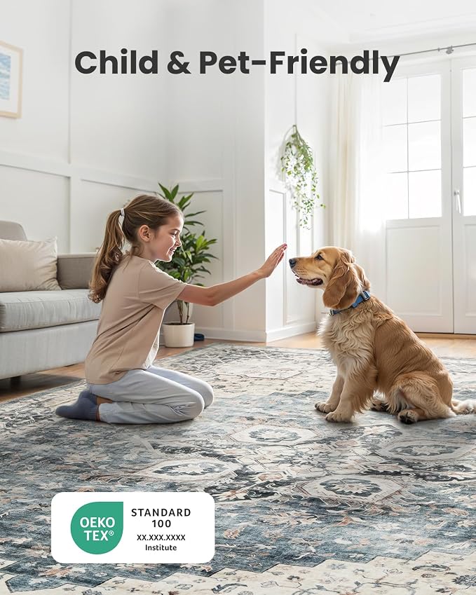 AMADA HOMEFURNISHING 10x14 Washable Area Rug, Low-Profile Large Area Rug with Non-Slip Backing & Durable Edge Binding, Vintage Large Rugs for Living Room, Bedroom & Dinning Room