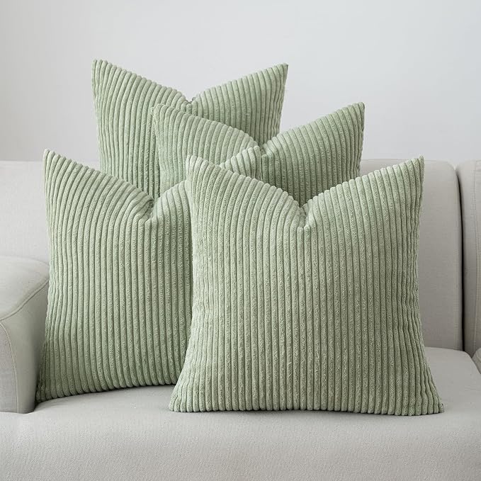 Volcanics Set of 4 Sage Green Corduroy Couch Throw Pillow Covers 18x18 in | Decorative Western Modern Farmhouse Striped Cushion Cases, Soft Boho Square Accent Pillow Covers for Home Sofa