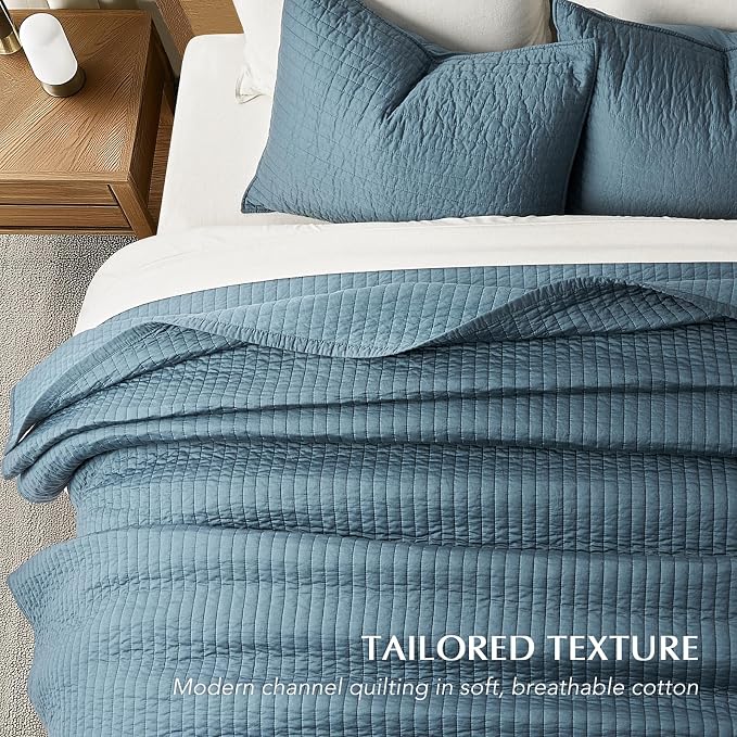 EVERGRACEHOME Cotton Sateen Quilt Set, King Size, Sonoma Blue | 100% Cotton, Channel Stitch Coverlet Bedspread, Pre-Washed Lightweight Soft Bedding Set for All Season, 3 Piece, with 2 Shams