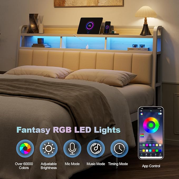 Queen Headboard Only with Storage, Charging Station, Off White | Upholstered Headboards for Queen Size Bed with LED Light, Height Adjustable, Sturdy and Stable Headboard