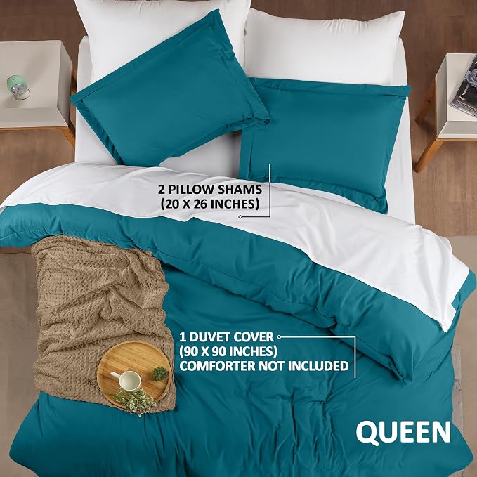 Duvet Cover Queen, 3 PC Cotton Like PolyesteR, Zipper Closure, Denim Blue | Extra Soft and Breathable, Wrinkle & Fade Resistant, Includes Duvet Cover and 2 Pillow Shams, Comforter Not Included, OekoTex