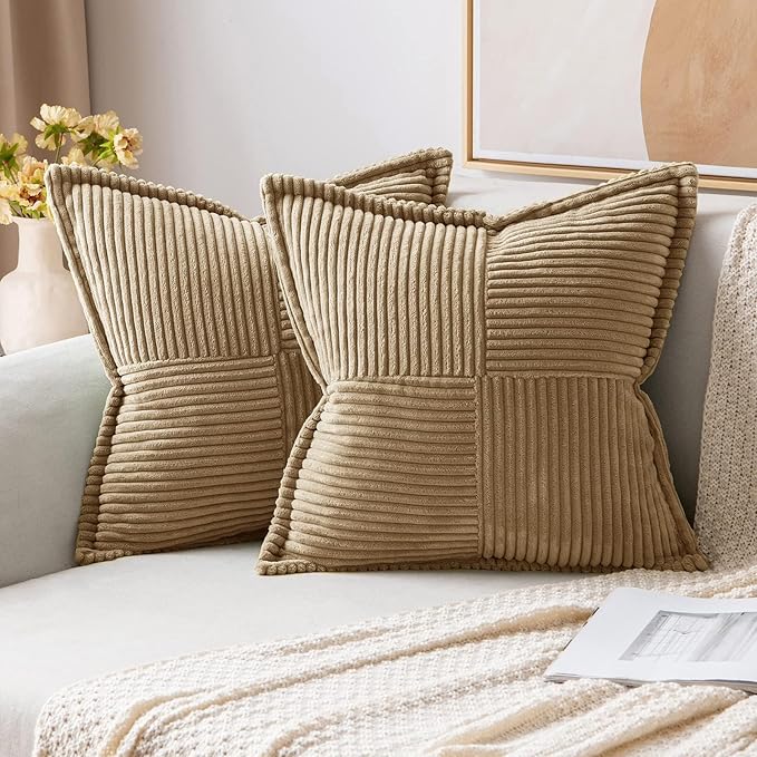 MIULEE Decorative Euro Sham Throw Pillow Covers 22x22 Inch Khaki 2 Pack | Boho Broadside Striped Patchwork Pillow Covers, Soft Corduroy Cushion Cases, For Bed Couch Sofa Livingroom Home Decor