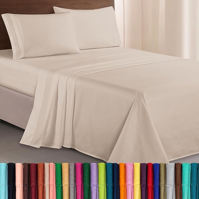 Elegant Comfort Luxurious 1500 Premium Hotel Quality Microfiber Three Line Embroidered Softest 4-Piece Bed Sheet Set, Wrinkle and Fade Resistant, Twin/Twin XL, Cream