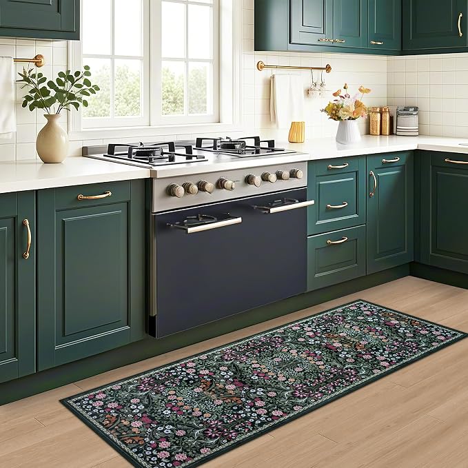 PLHXFR 2.6x8 Washable Runner Rug：Floral Indoor Kitchen Carpet Dark Green | For Hallway Bedroom Kitchen Laundry Bathroom Dorm,Vintage Floral,Machine washable,Non Slip,Stain Resistant,Indoor Floor