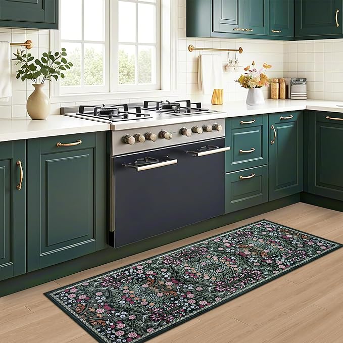 PLHXFR 2x6 Washable Runner Rug：Floral Indoor Kitchen Carpet Dark Green | For Hallway Bedroom Kitchen Laundry Bathroom Dorm,Vintage Floral,Machine washable,Non Slip,Stain Resistant,Indoor Floor