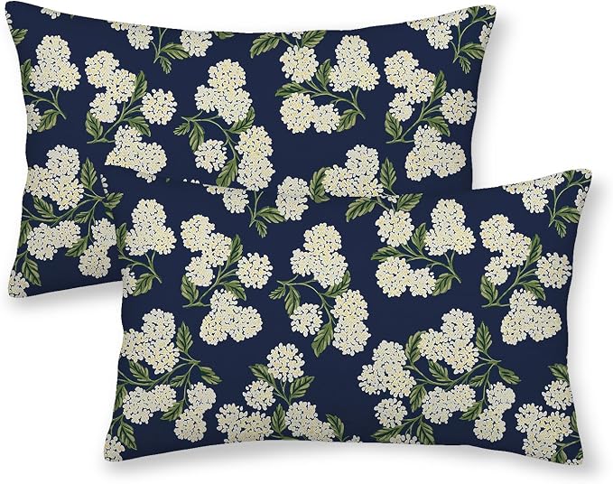Navy Blue Spring Pillow Covers 12x20 Inch 2 Pcs Green Yellow Hydrangea Flower Decor Throw Pillows Vintage Floral Seasonal Summer Outdoor Decoration Pillowcase Linen Cushion Cover for Couch Sofa