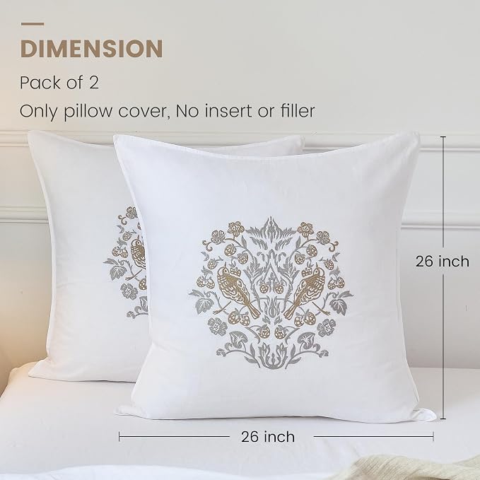 Simple&Opulence 100% Linen Euro Shams 26'' x 26'' Pack of 2, Embroidery Rosefinch Design Natural Flax Farmhouse Decorative Square Throw Pillow Covers for Bed Couch Sofa - White