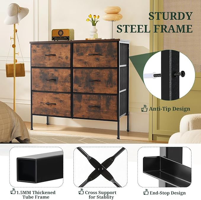 6-Drawer Dresser for Bedroom, Anti-Tip Wide Storage Organizer | Chest of Drawers with Wooden Top and Metal Frame Fabric Bins for Closet, Living Room, Hallway, Entryway, Brown