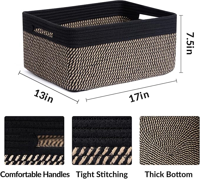 MiniArk Large Storage Baskets for Shelves, 17 x 13 x 7.5” Closet Organizers Bins for Clothes Blanket Towels, Baby Nursery, Toy Baskets Box, Woven Rope Baskets, 3 Packs Woven Brown