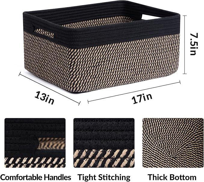 MiniArk Large Storage Baskets for Shelves, 17 x 13 x 7.5” Closet Organizers Bins for Clothes Blanket Towels, Baby Nursery, Toy Baskets Box, Woven Rope Baskets, 2 Packs Woven Brown