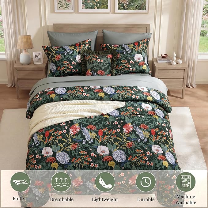Queen Comforter Set - 7 Pieces Green Floral Bed in a Bag Queen Bedding Sets | All Season Botanical Flowers Comforter Set with Sheets, Pillowcases & Shams