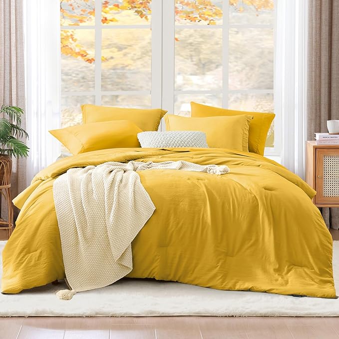 Queen Comforter Set-7 Pieces Soft Prewashed Bed in a Bag Queen Bedding Sets | All Season Comforter with Sheets, Pillow Shams & Pillowcases,Yellow