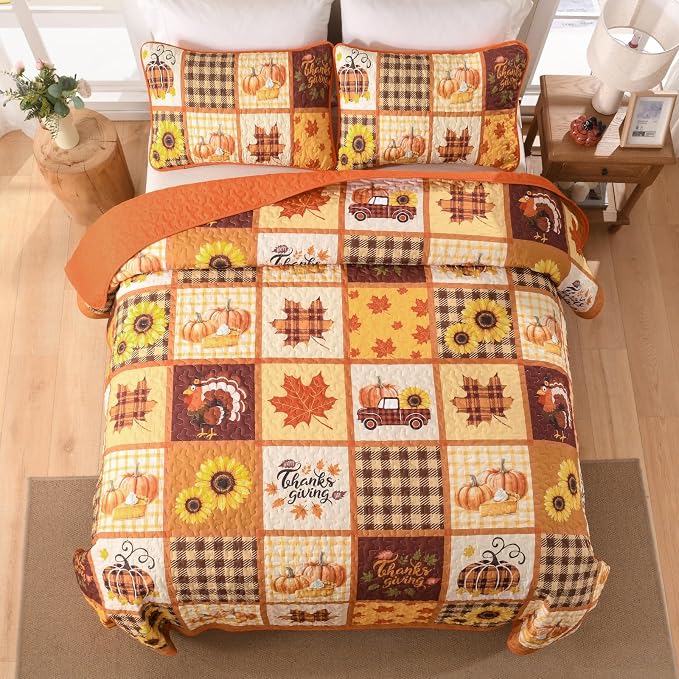 Fall Patchwork Quilt Set King, Thanksgiving Pumpkin Maple Leaves Bedding | Orange Brown Autumn Bedspread Sunflower Pattern, Soft Microfiber Coverlet Thanksgiving Day Gift with 2 Pillowcases