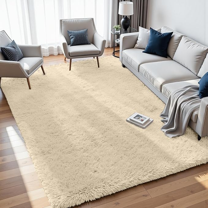 8x10 Fluffy Shag Area Rugs for Living Room Bedroom: Soft Plush Carpet Beige | Upgraded Non-Slip Thick Memory Foam, Ultra Soft, Non-Shedding Fuzzy Carpet, Easy Clean Decor for Kids Room, Nursery, Playroom