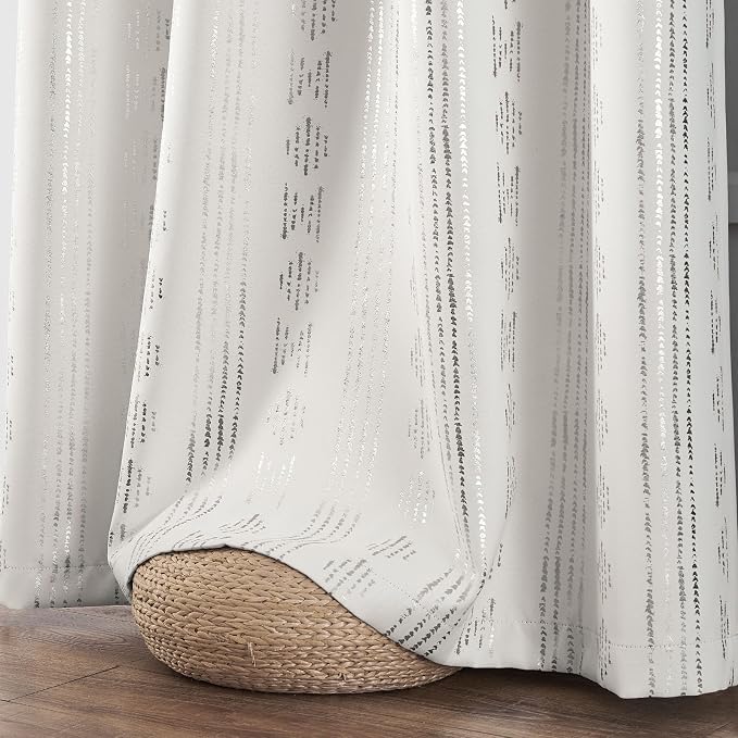 jinchan Boho Blackout Curtains 90 Inches Long for Bedroom Living Room | Silver on Off White Geometric Foil Printed Grommet Curtains Room Darkening Thermal Insulated Window Treatments 2 Panels