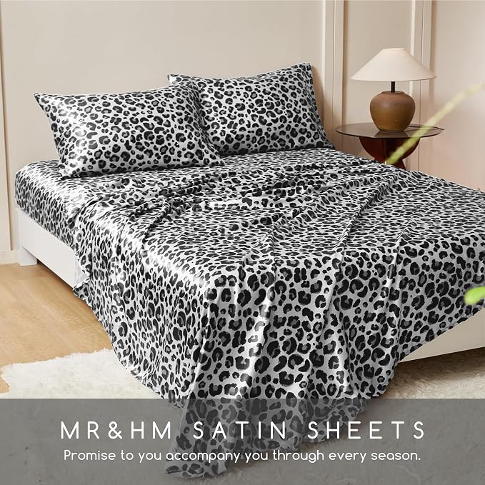 MR&HM Satin Sheets Full Size with Elastic Corner Straps, White Leopard | Similar to Silk, 4-Piece Silky Soft Bed Sheet Set, Gentle on Skin and Hair, 15" Deep Pocket, Cooling & Breathable