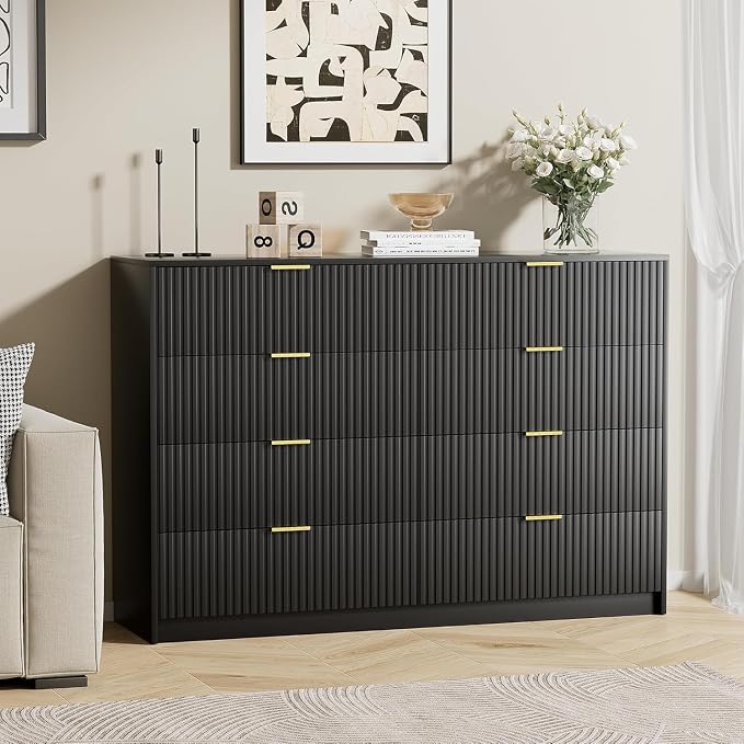 Furniway Black Dresser for Bedroom, Modern Dresser with 8 Drawers and Smooth Slides, Wide Chest of Drawers with Golden Handles for Bedroom, Closet, 15.7" D x 55" W x 37.4" H