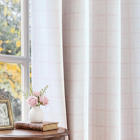 Beauoop Pink Plaid Jacquard Blackout Curtains for Bedroom 52x96 2 Panels | Gingham Checkered Room Darkening Drapes for Living Room 96 Inch Long Thermal Insulated Soundproof Window treatment Grommet