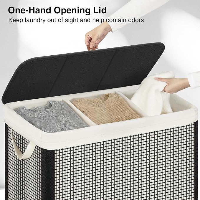 STO STO 3 Section Laundry Hamper with Lid, 180L Steel-Frame 3 Compartment Laundry Sorter with Removable Washable Liner, Breathable Large Laundry Basket for Bedroom, Bathroom, Laundry Room, Dorm