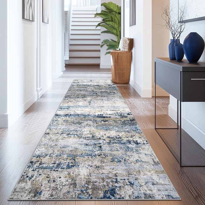 pmtsns Area Rugs 2x8 Runner Rug: Washable Hallway Rug Modern Abstract Neutral Soft Non-Slip Low-Pile Indoor Carpet for Kitchen Bedside Entrance Laundry (Blue Grey Brown, 2'x8')